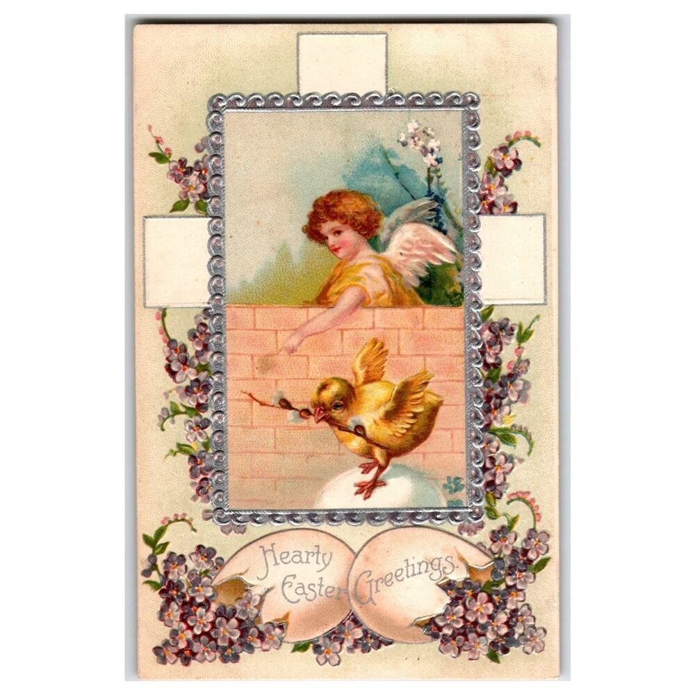 Antique Embossed Easter Postcard Angel Chick German Printed 1909